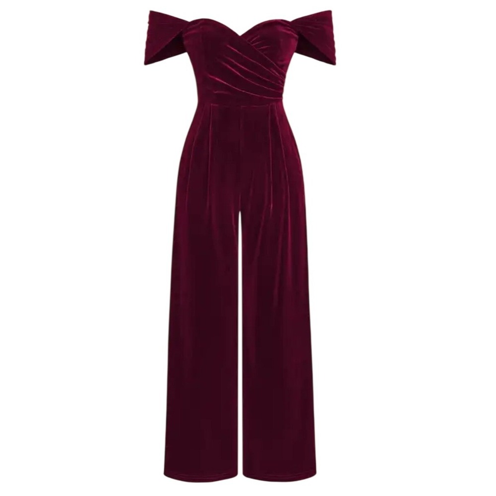 CIDER Burgundy Velvet Off Shoulder Wide Leg Jumpsuit Formal Evening Medium‎
